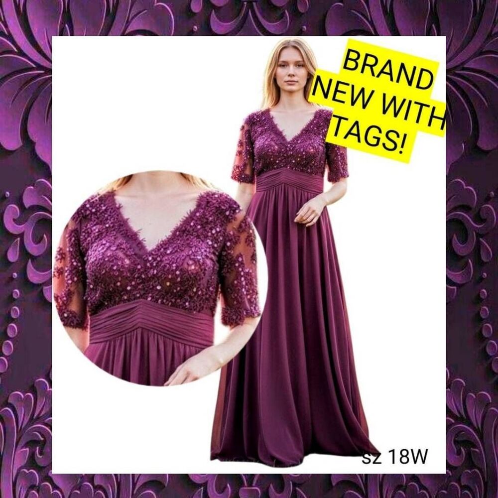 Formal Purple Sequined Empire Waist Long Chiffon Ball Gown Plus Size BRAND NEW!